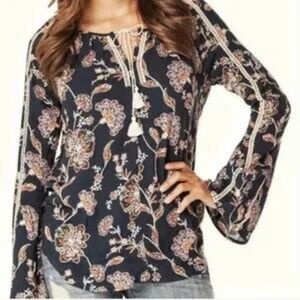 LOVESTITCH Boho Floral Blouse with tie tassels